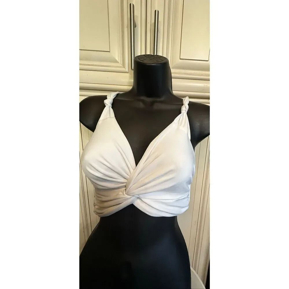 Lioness Women's Porto Cervo Twist-Front V-Neck Wrap Crop Top White Size Small